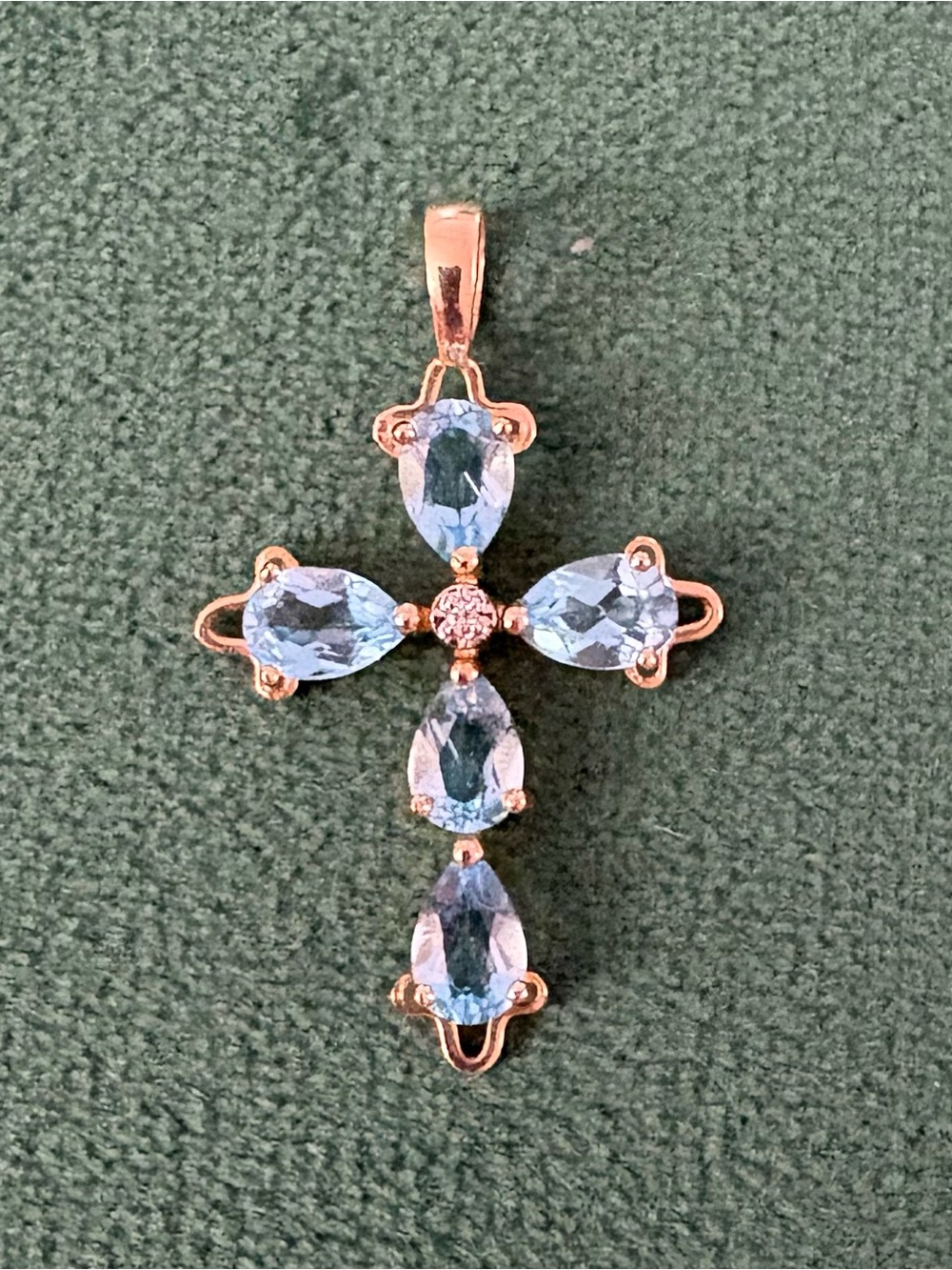 2 Carat Genuine Blue Topaz Cross With Diamond Center Set In 14K Yellow Gold